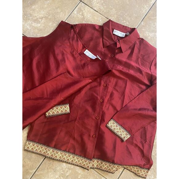 SILK Lore Burgundy Shirt / Jacket & Tank 100% Silk  L Embellished Gold Vintage - Picture 2 of 10